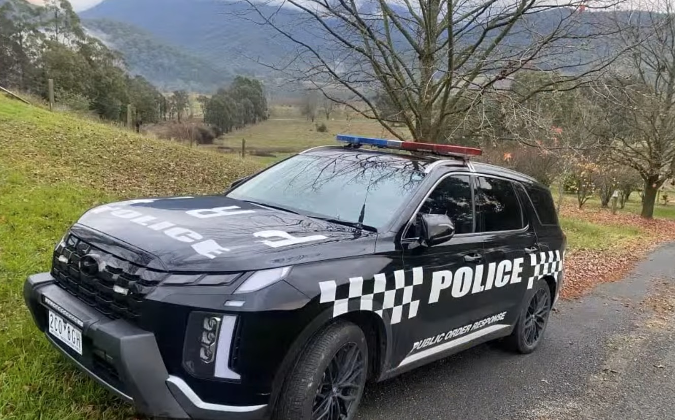 A black car with white checks and writing that says "police" parked half on grass, half on a gravel driveway near a bare tree.