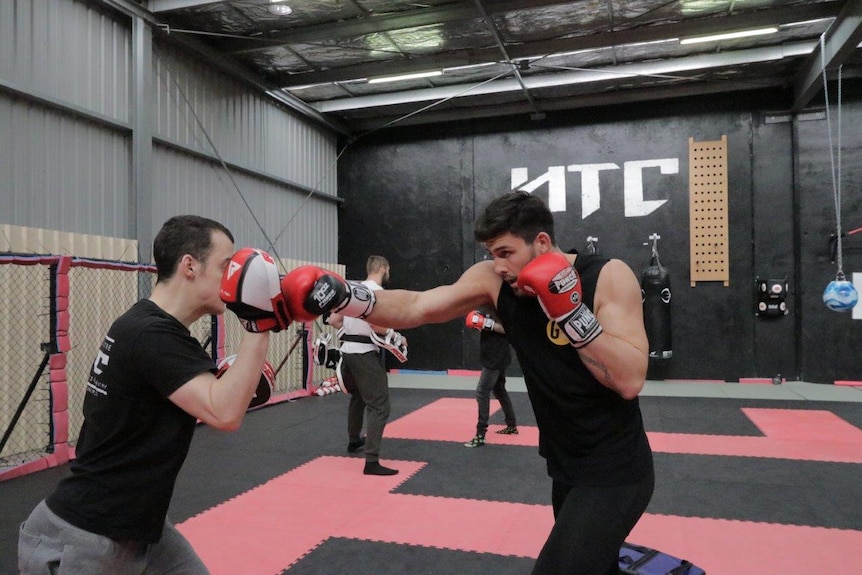 Two mixed martial arts fighters training in a gymnasium