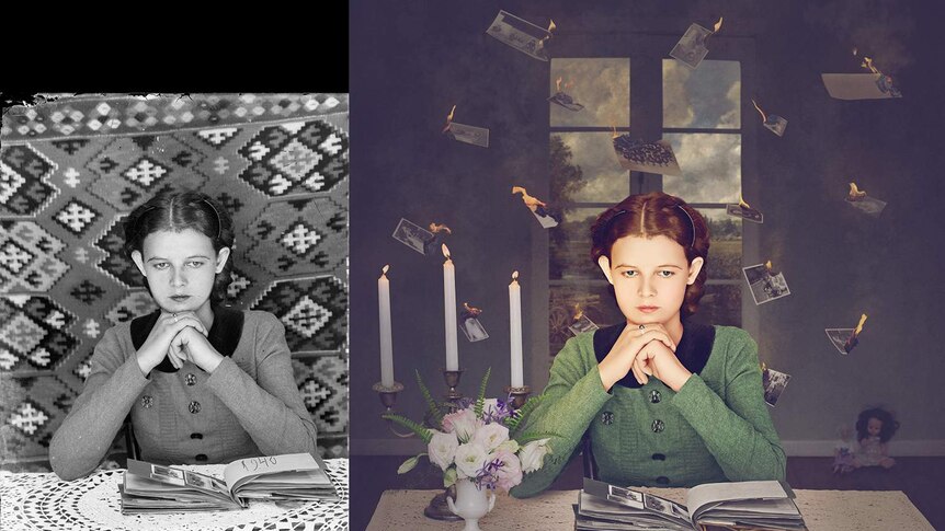Photograph entitled Burn it down shows a young girl looking through a photo album.