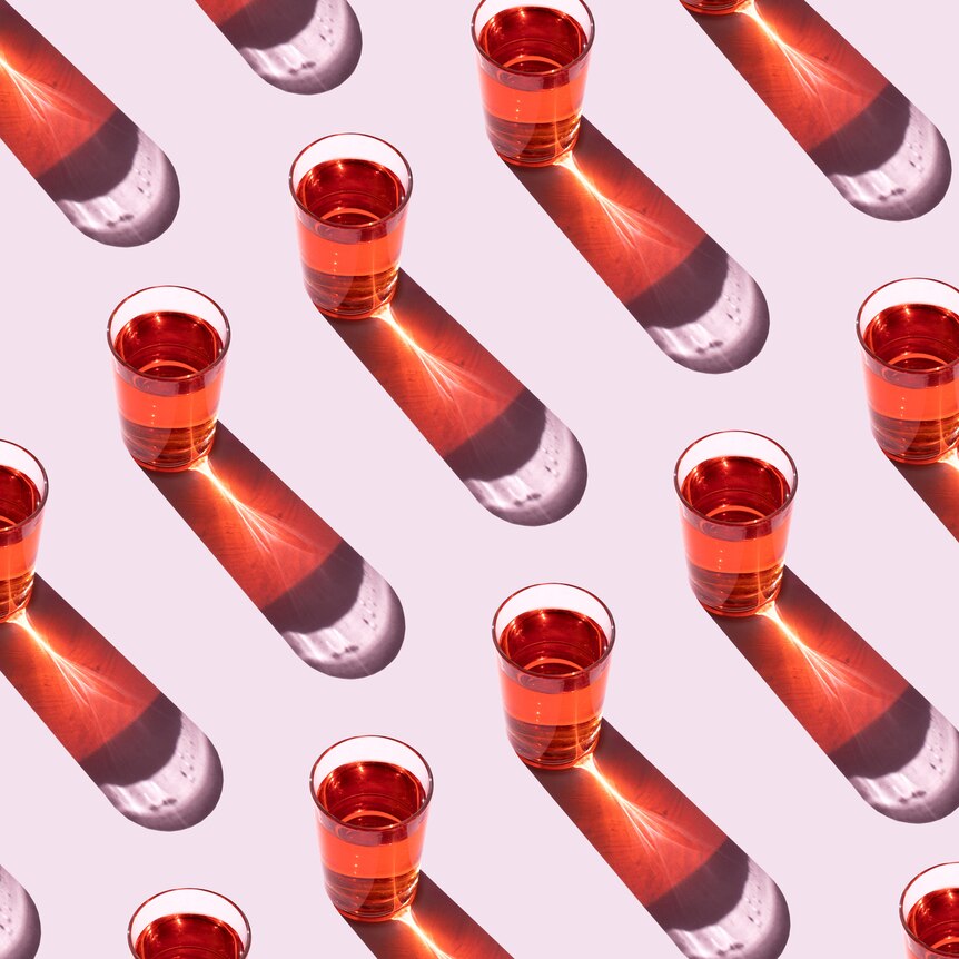 illustration of rows of drinking glasses filled with a red liquid