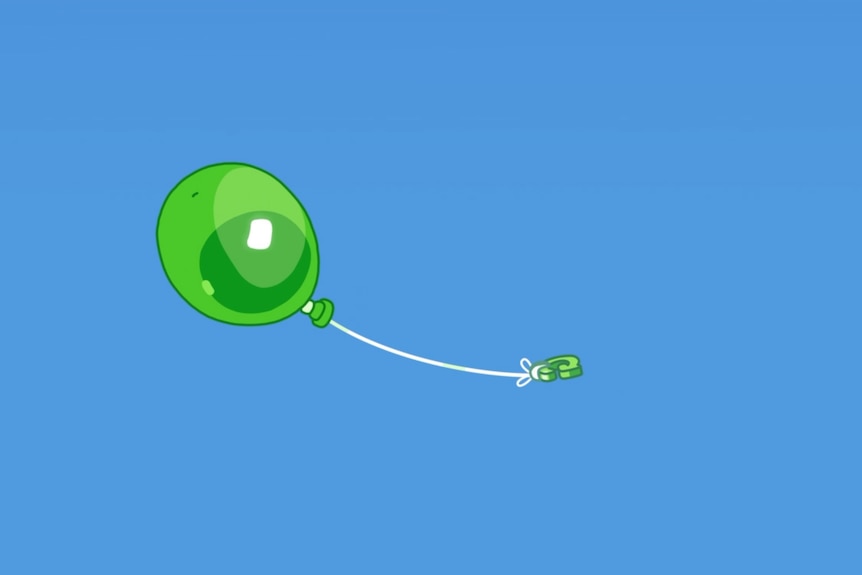 A still from Bluey of a green balloon floating through the sky.