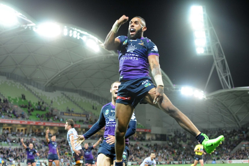 Joshua Addo-Carr celebrates his winning try