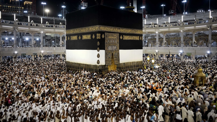 Pilgrims circle counterclockwise the Kaaba