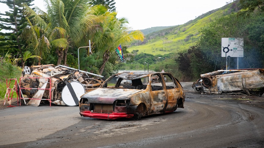Burnt out cars sit next to a large pile of debris on a roadway surrounded by green foliage