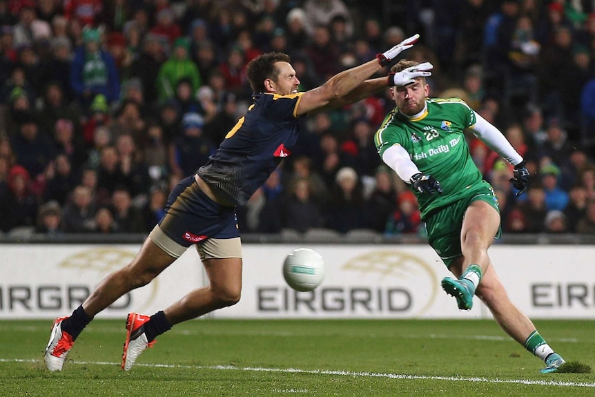 Ireland's Aidan O'Shea scores a goal in the International Rules Test against Australia in Dublin.