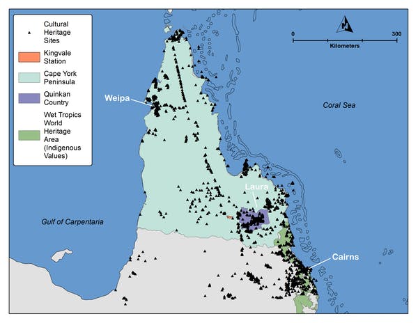 a map of cape york with many dots showing sites of cultural heritage