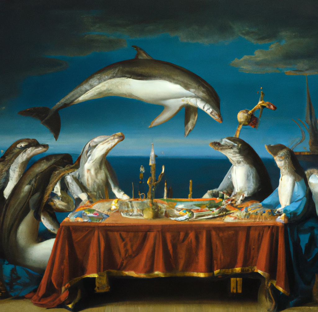 A renaissance-style oil painting of a pod of dolphins eating fish at a long table