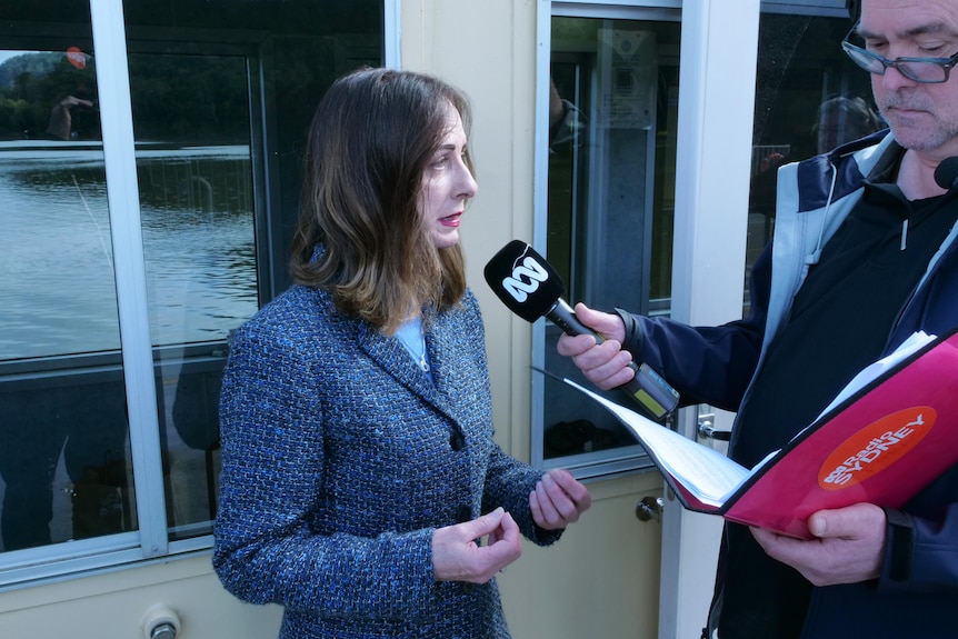 Robyn Preston is speaking into an ABC microphone held by Simon Marnie on board a ferry with a river in the background.