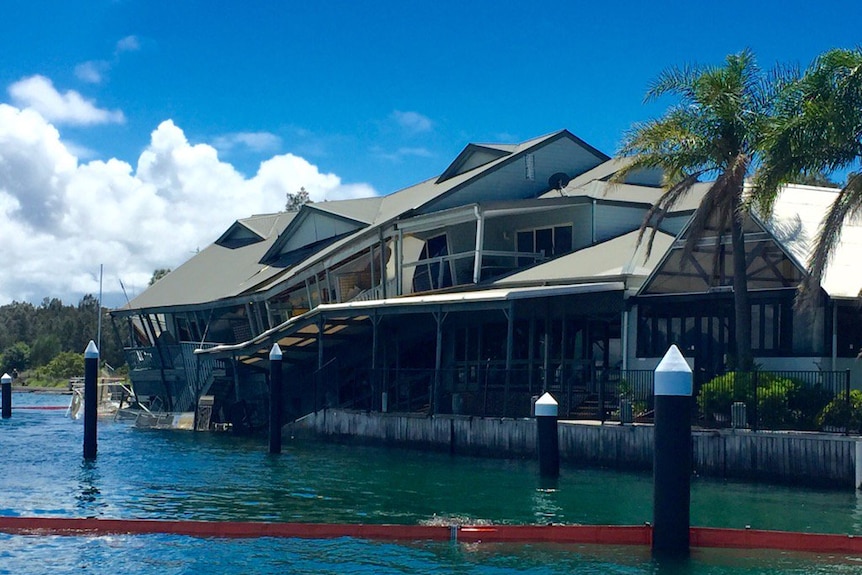 The collapsed marina building at Pelican, Lake Macquarie.