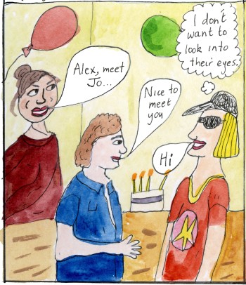 A cartoon panel showing a birthday party situation with one person wearing sunglasses inside.