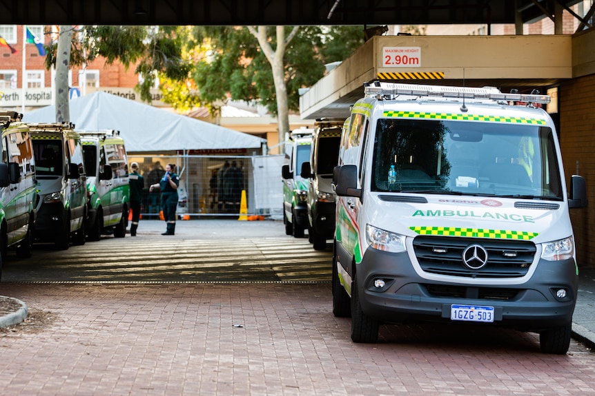 Two rows of parked ambulances outside a hospital.