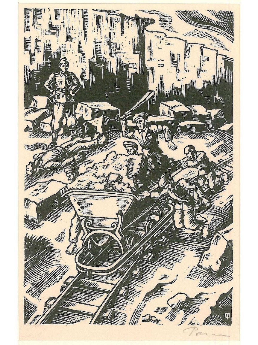 Woodcut by Walter Preisser depicting his experience working in the quarries at Gross Rosen camp.