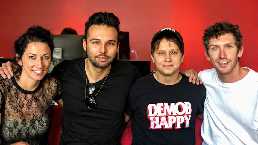 Connor and Dom from Nothing with Thieves, at triple j with Veronica and Lewis