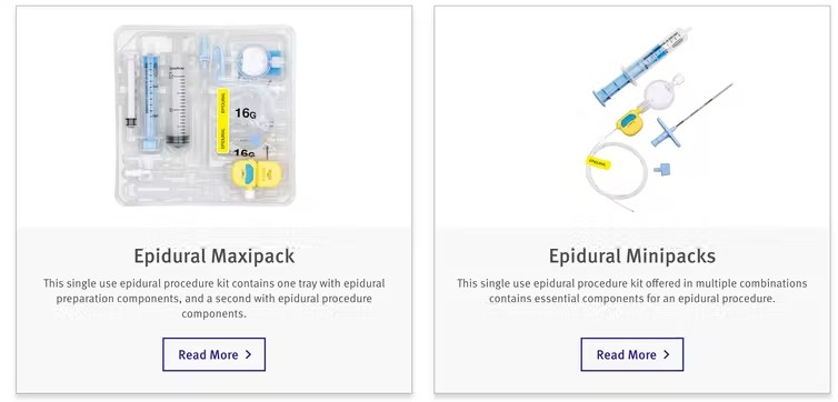 A screenshot of an epidural kit showing the blue colour of the syringe