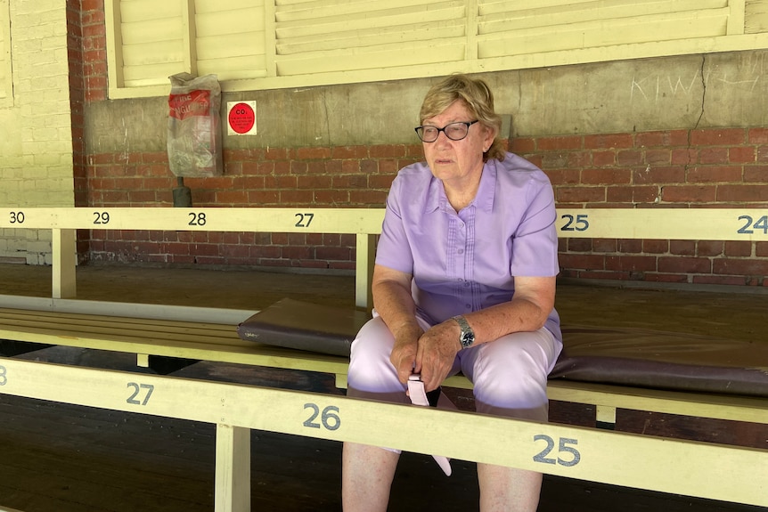 Former Australian female cricketer Raelee Thompson sitting in the in the old Blackie-Ironmonger Stand