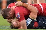 Cotnversial incident ... Ed O'Donoghue and Scott Higginbotham scuffle on the ground