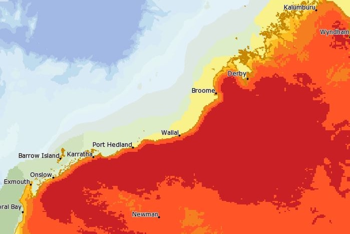 A map of northern WA showing most of the land coloured dark red, showing high temperatures.