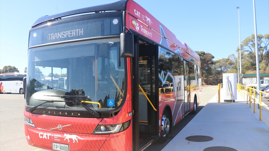 Red cat bus parked