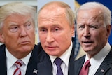 A composite image of Donald Trump, Vladimir Putin and Joe Biden.