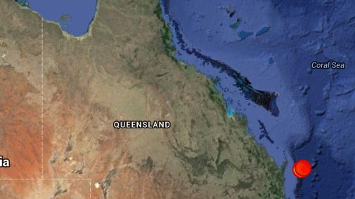 A map showing the location of an earthquake off the Queensland coast on August 1.