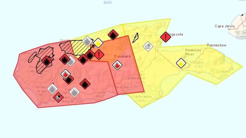 A map of Kangaroo Island in South Australia covering in bushfire warnings