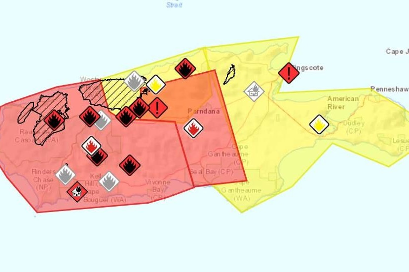 A map of Kangaroo Island in South Australia covering in bushfire warnings