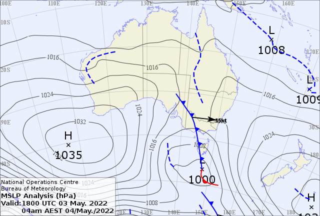 Synoptic chart showing cold front over Tasmania and Victoria