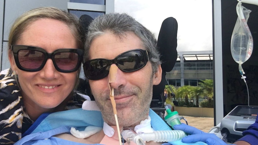 Scientist Justin Yerbury with a ventilator and his sister.