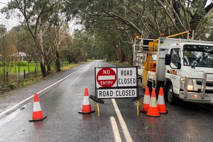 A wet road with a truck on the right and 'road closed, no entry' signs and orange cones 