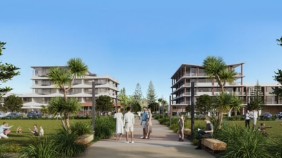 Artistic impression of a walkway with two residential buildings either side.