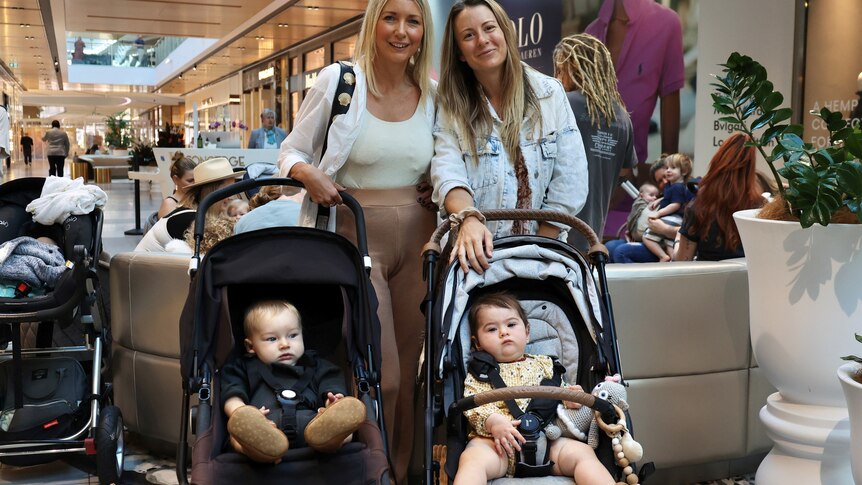 Two women and their children in prams inside a shopping centre
