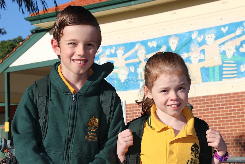 A boy and girl in green and yellow school uniforms stand in front of a fence outside their school.