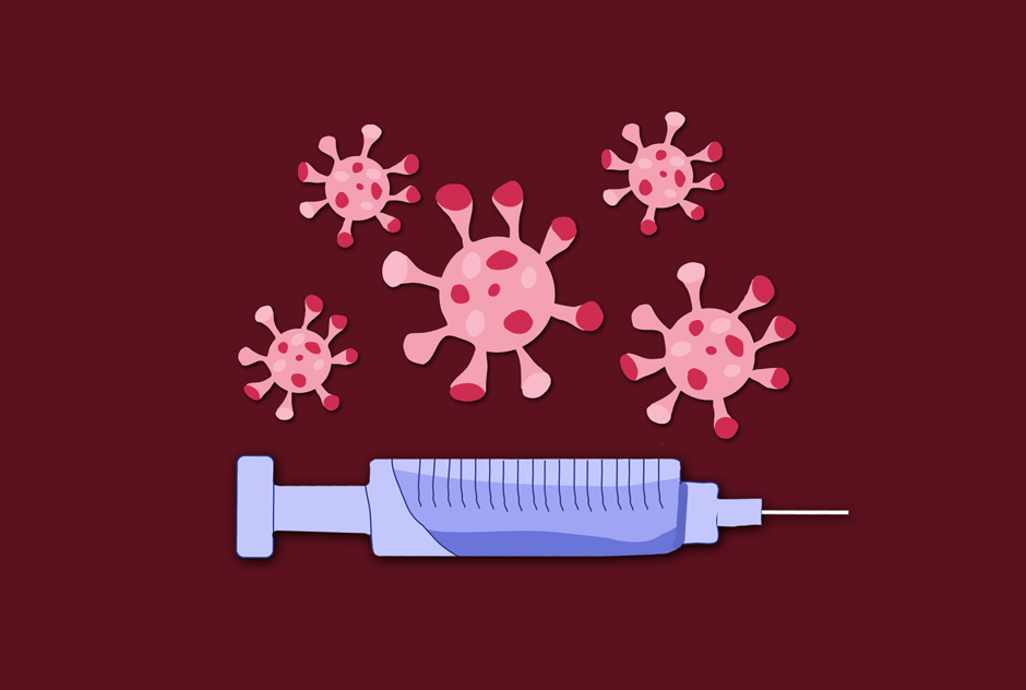 An illustration of a coronavirus vaccine syringe.