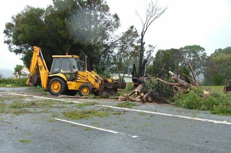 Crane removes fallen tree off road