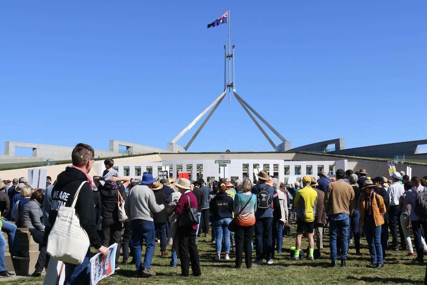 Hundreds rally outside Parliament House.