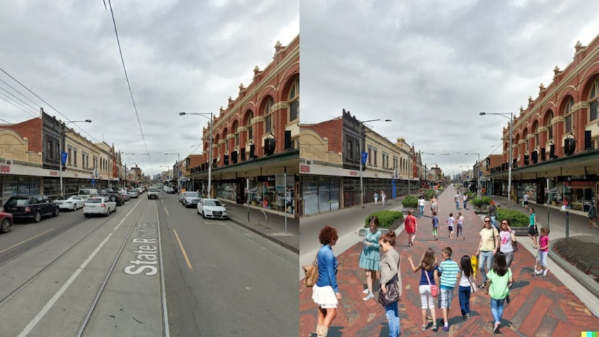 Two images of a street in Brunswick side by side, with people on a path on the right.
