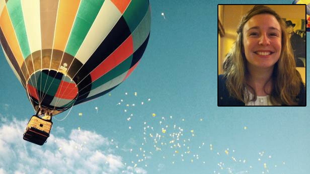 Image of Stephanie Scott imposed over an image of balloons released in her memory.