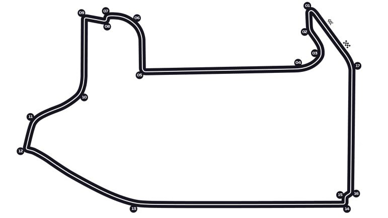 An illustration of a motor racing track, travelling anti-clockwise.