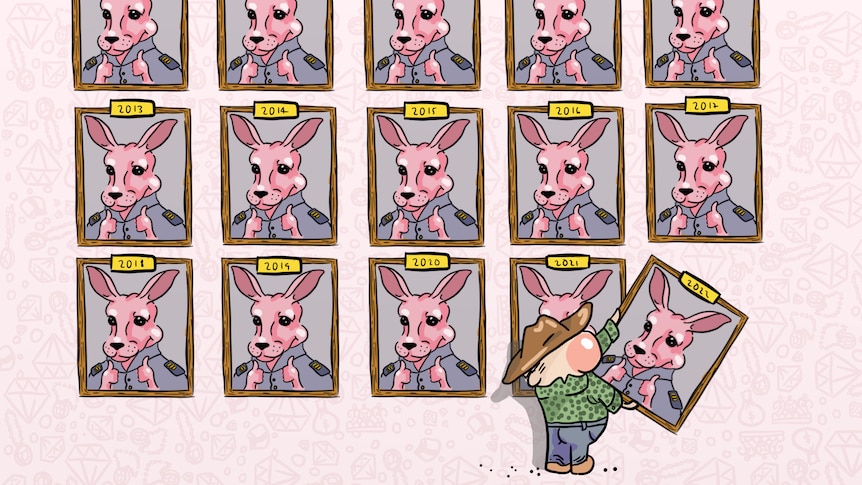 An illustration of portraits of pink kangaroos on a wall and a person removing one.