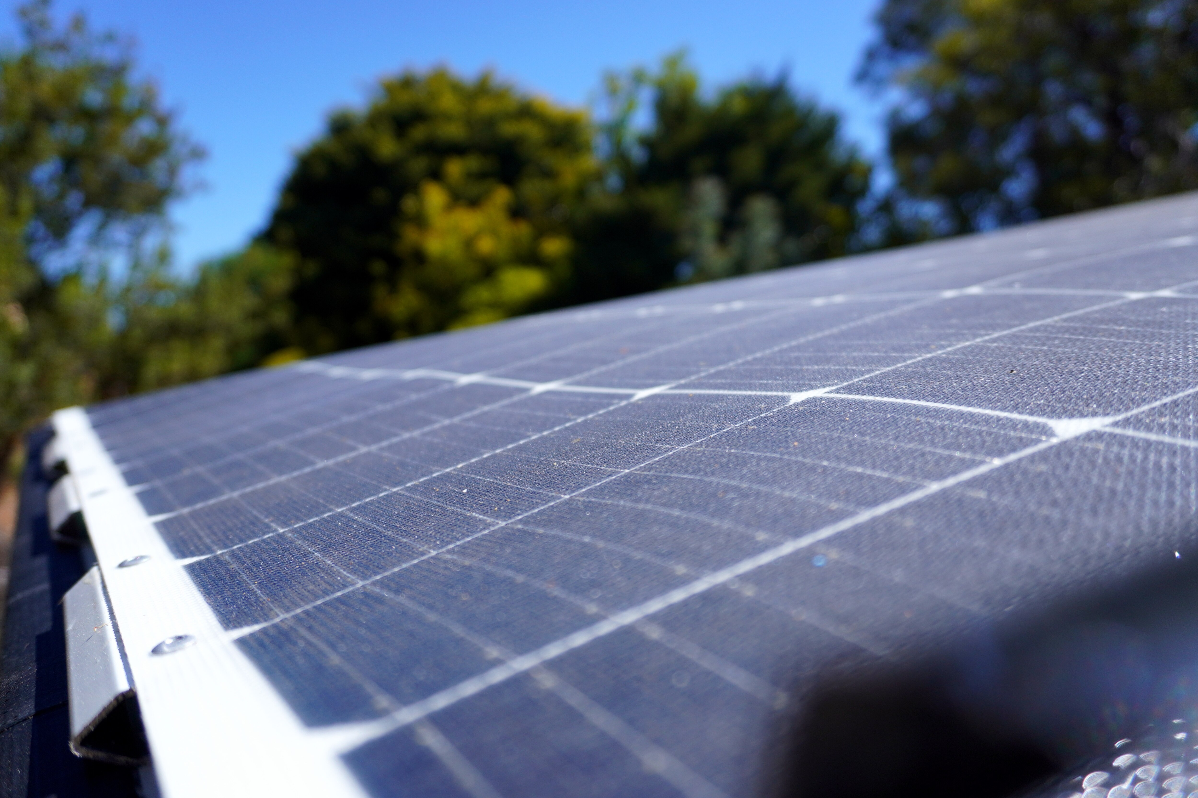 A close up of solar panels on a camper trailer