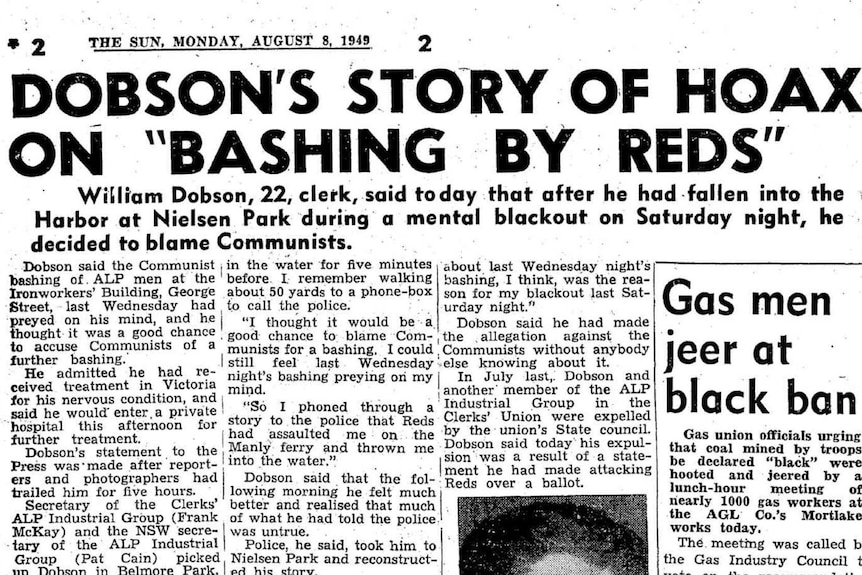 Newspaper story with the headline "Dobson's story of hoax on 'Bashing by reds'".