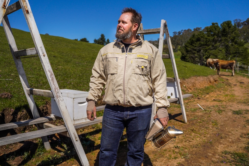 A bearded man wearing a bee suit standing next to a bee hive looks out over a farm on a sunny day.