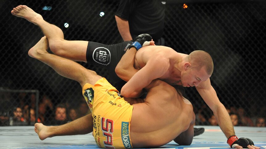 Georges St-Pierre fights against Johny Hendricks in their welterweight championship bout during UFC 167 in Las Vegas.