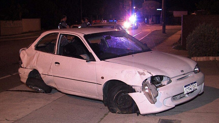 A car that crashed into a wall after a police pursuit in Nollamara.