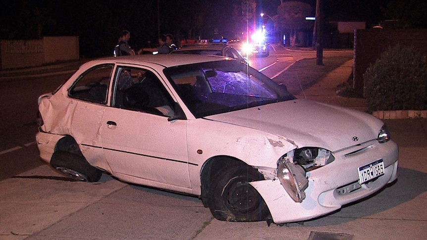 A car that crashed into a wall after a police pursuit in Nollamara. July 2, 2014.