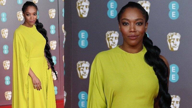 A composite image of Naomi Ackie wearing a bright green dress with long draped sleeves.