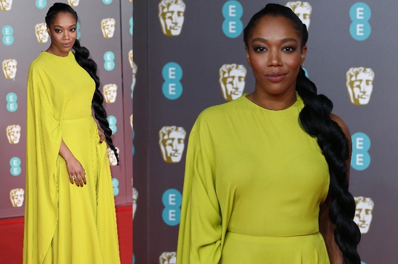 A composite image of Naomi Ackie wearing a bright green dress with long draped sleeves.