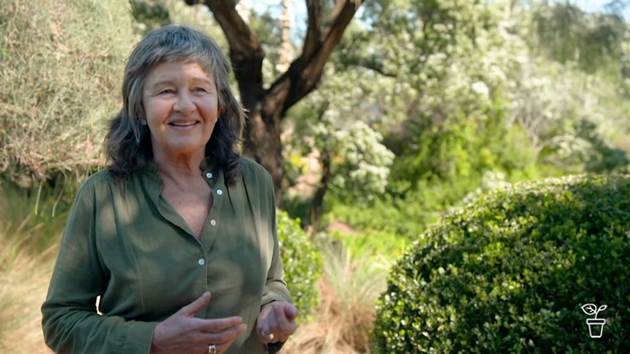 Woman standing in a garden smiling.
