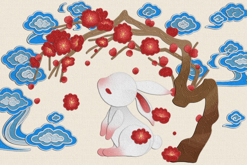 A vector artwork rabbit on a red background surrounded by flowers.