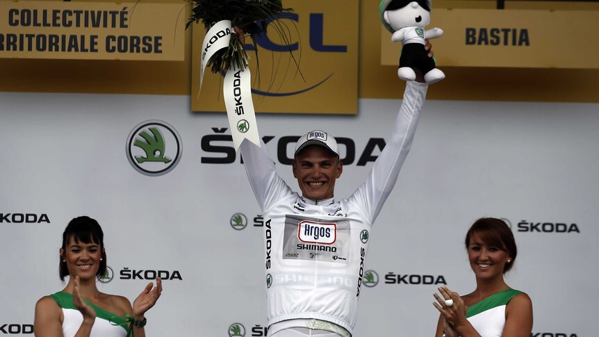 Marcel Kittel celebrates winning the first stage of the Tour de France